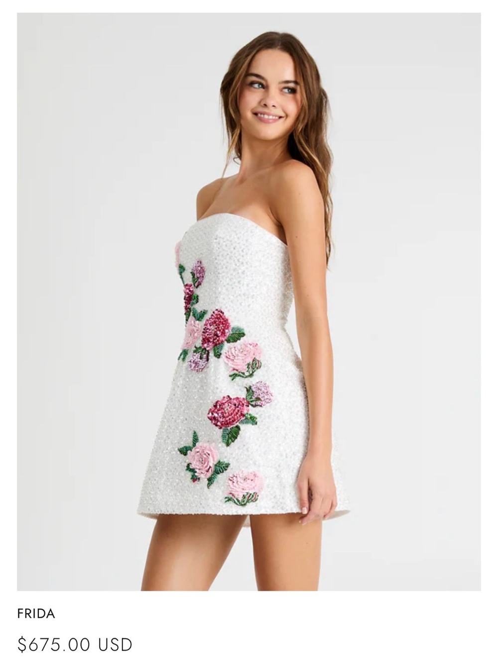 Frida White Strapless Mini Dress with Pink Floral Embroidery